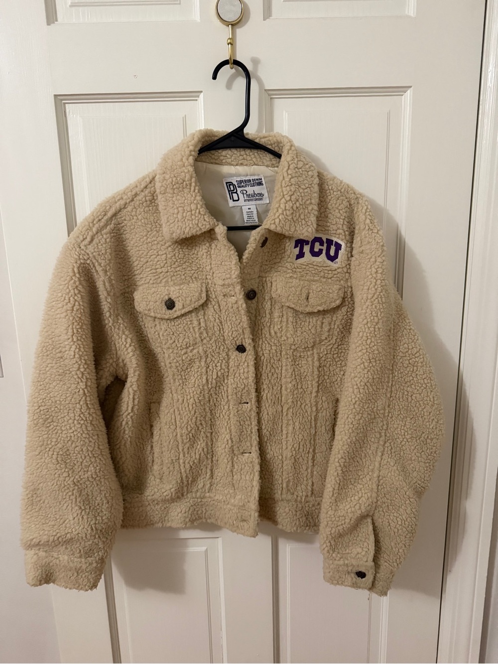 Pressbox TCU Sherpa Jacket in Beige with Purple Logo